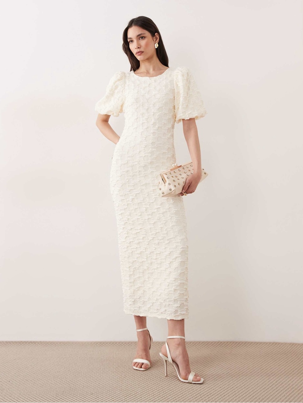 YAS Volume Sleeve Textured Maxi Dress in Gardenia White